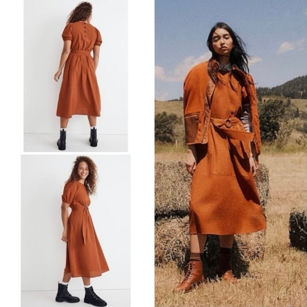 Madewell Sz XXS Seersucker Belted Midi Dress Warm Nutmeg Brown NWOT